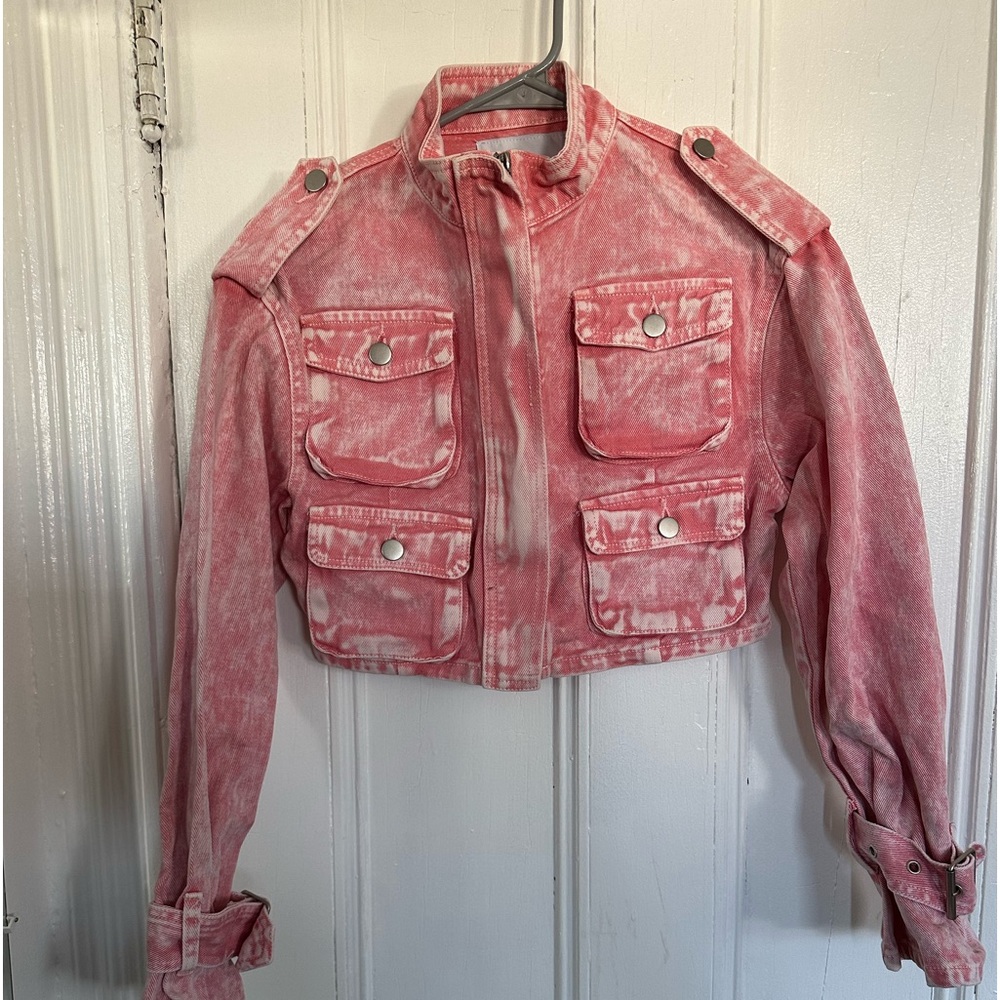 ❤️‍🔥PINK ACID WASH CROPPED DENIM UTILITY COAT